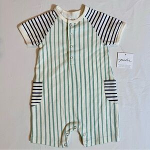 New Pehr Stripes Away Shorts Romper Boys 3-6M Pebble Sea Organic Cotton Summer
